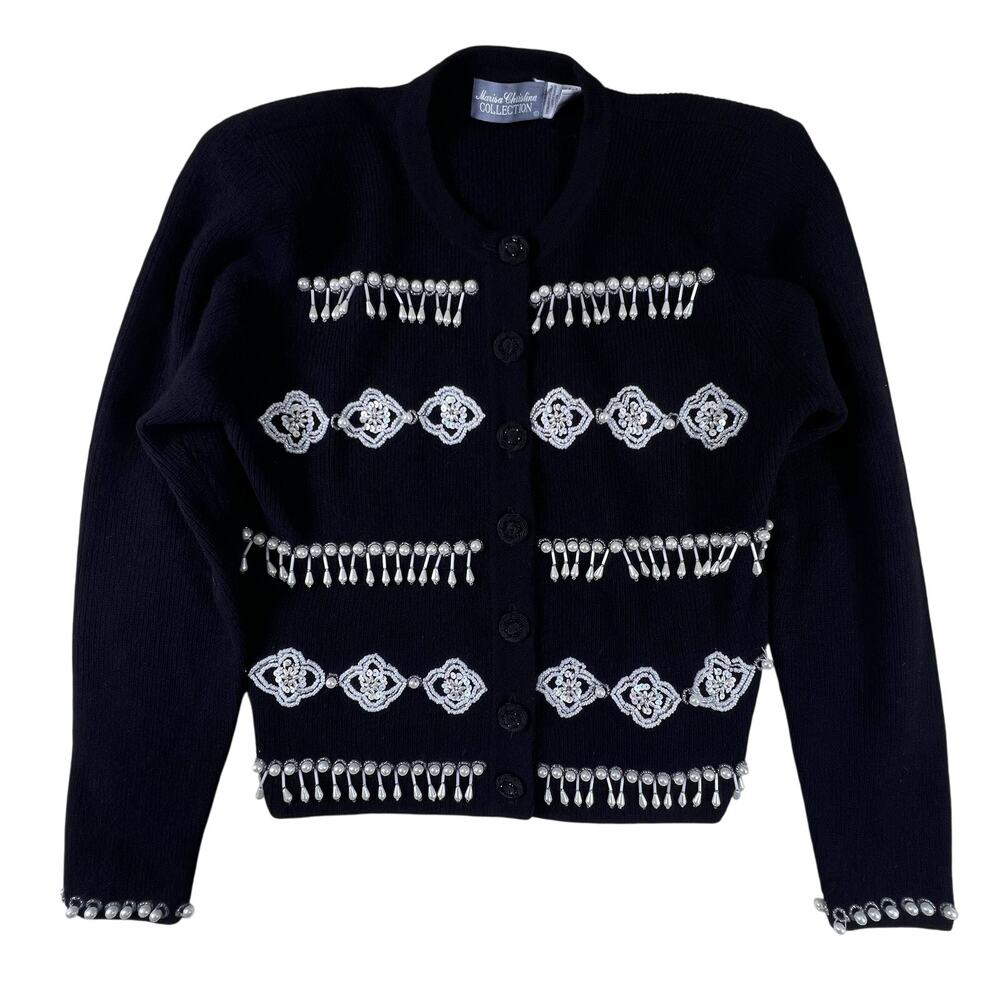Vintage 80s Marisa Christina Beaded Lambswool Angora Cardigan S Black Hong Kong